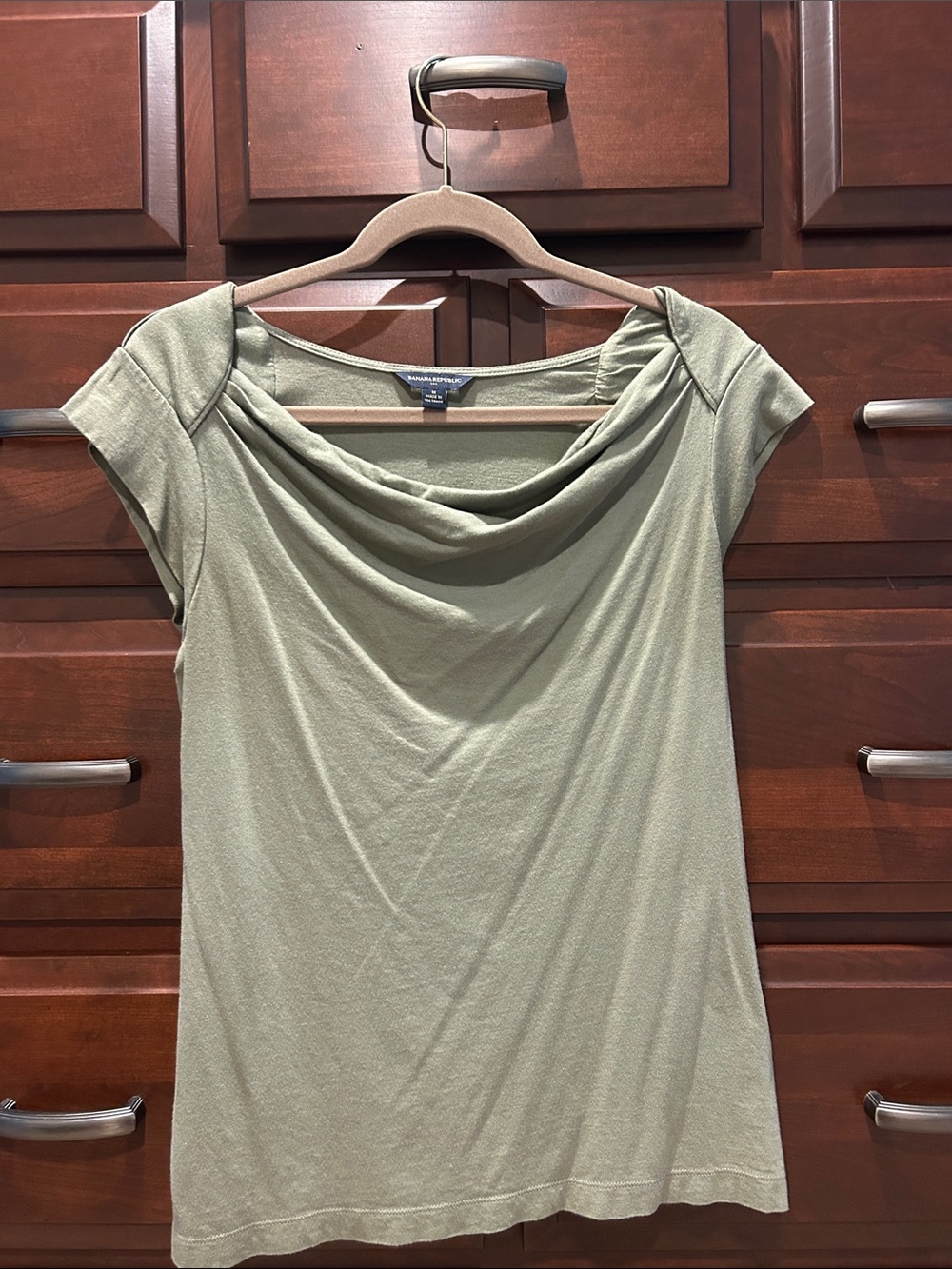 Banana Republic Olive Green Draped Cowl Neck Cap-Sleeve Tee